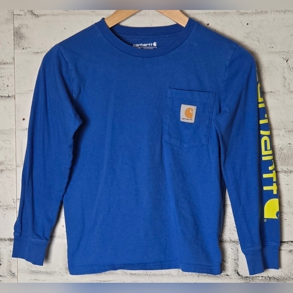 Carhartt Kids Long Sleeve Pocket Tee • Blue Yellow Logo • Size S 8–10